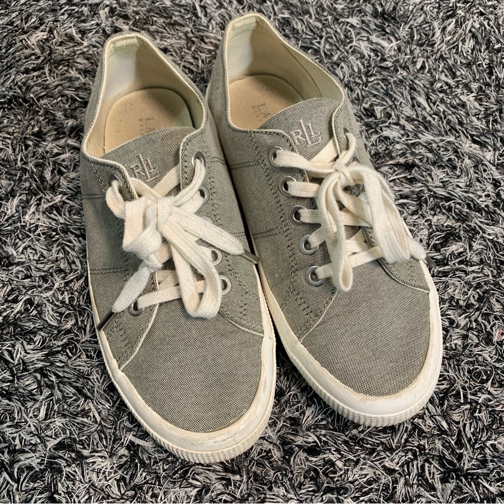 Lauren Ralph Lauren Flax Linen Sneakers Grey Lace Up Tennis Shoes 8.5